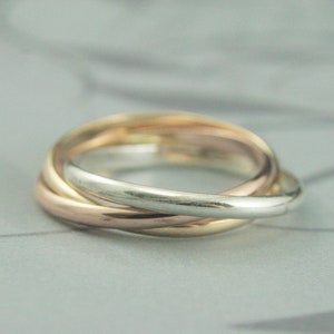 Tri Color Rolling Ring 2mm Wide Intertwined Bands Silver, Rose Gold and Yellow Gold Solid 10K or 14K Gold and Silver Interlocking Rings