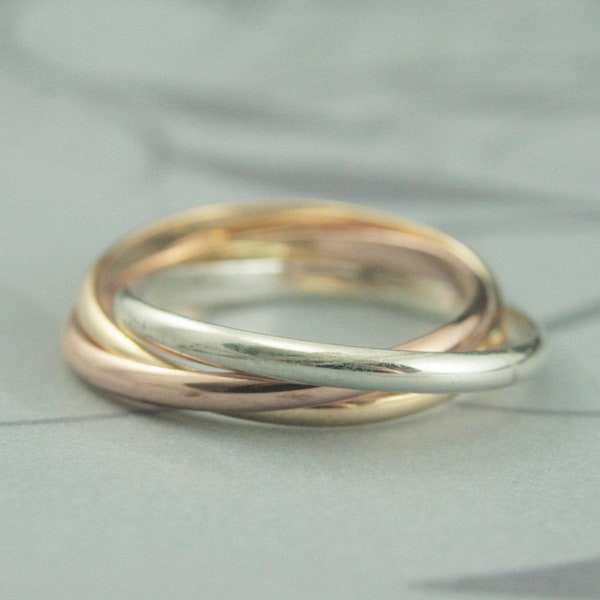 Tri Color Rollring 2mm breit verflochtene Bänder Silber, Roségold und Gelbgold Solid 10K oder 14K Gold und Silber ineinandergreifende Ringe