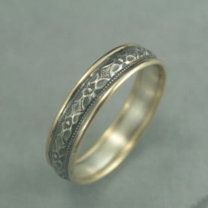 Touch of Gold Renaissance Wedding Band-Bimetal Ring-Two Tone Band-Diamond and Floral Patterned Oxidized Sterling Silver Band with Gold Edges