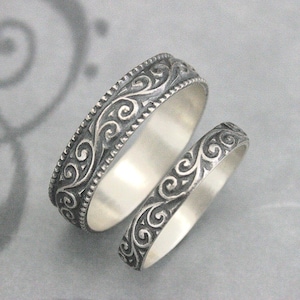 Anillos de estilo vintage, conjunto de boda Flourish, alianzas de plata, anillo de boda para hombre, alianza de boda para mujer, anillos de promesa para él y para ella, plata. imagen 1