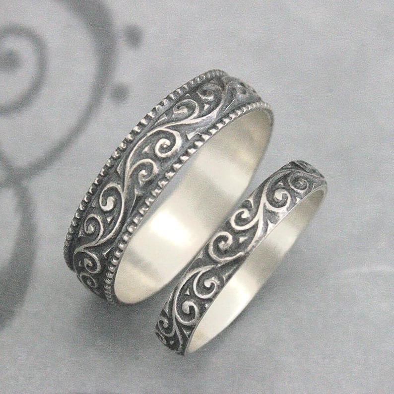 Anillos de estilo vintage, conjunto de boda Flourish, alianzas de plata, anillo de boda para hombre, alianza de boda para mujer, anillos de promesa para él y para ella, plata. imagen 1