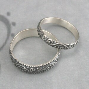Anillos de estilo vintage, conjunto de boda Flourish, alianzas de plata, anillo de boda para hombre, alianza de boda para mujer, anillos de promesa para él y para ella, plata. imagen 3