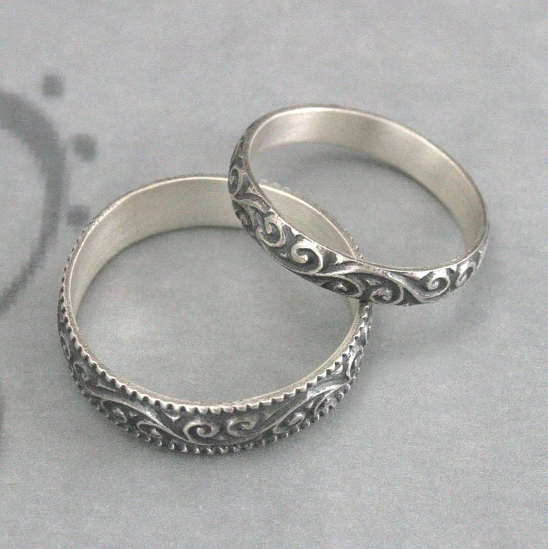 Anillos de estilo vintage, conjunto de boda Flourish, alianzas de plata, anillo de boda para hombre, alianza de boda para mujer, anillos de promesa para él y para ella, plata. imagen 3