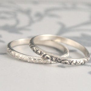 Thin Silver Ring Women&#39;s Wedding Band Embossed Ring Silver Women&#39;s Ring for Her Rococo in the Disco Band Patterned Ring Antique Style Band