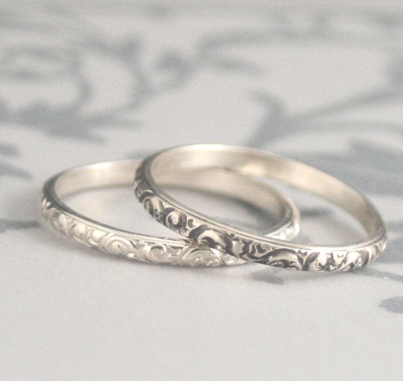 Thin Silver Ring Women's Wedding Band Embossed Ring Silver Women's Ring for Her Rococo in the Disco Band Patterned Ring Antique Style Band image 1