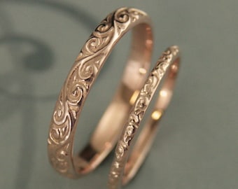 10K Gold Wedding Rings 10K Wedding Set Flourish and Rococo Patterned Bands His and Hers Rings Rose Gold Men's Band Women's Wedding Ring Set