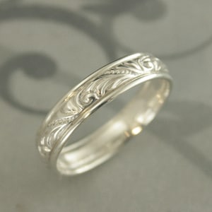 Silver Wedding Ring Florence Flourish Wide Edged Comfort Fit Wedding Band Flourish Embossed Ring for Him or Her Silver Unisex Wedding Ring