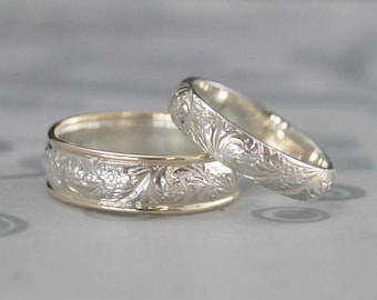 Two Tone Ring Set 10K Gold and Silver Wedding Band Set Floral Rings Bridal Bouquet Garden Wedding Rings Vintage Wedding Victorian Flower