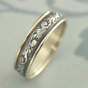Band Herren Trauring Damen Ehering zweifarbiger Ring Gold und Silber Band Muster Ehering Comfort Fit Band Gold eingefasster Barock TOG