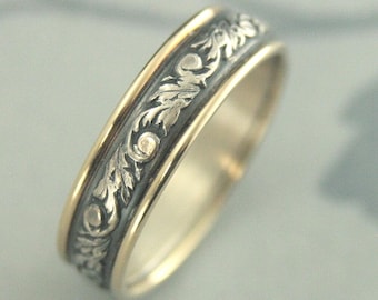 Band Men’s Wedding Ring Women’s Wedding Band Two Tone Ring Gold and Silver Band Pattern Wedding Ring Comfort Fit Band Gold Edged Baroque TOG