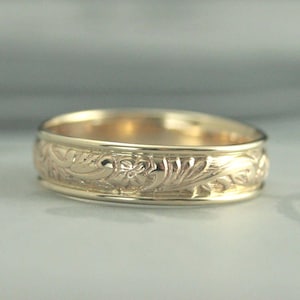 Gold Wedding Ring Wide Gold Band 6mm Ring Leaf Ring Floral Band Men&#39;s Wedding Band Vintage Style Band Neoclassic Men&#39;s Gold Band Recycled