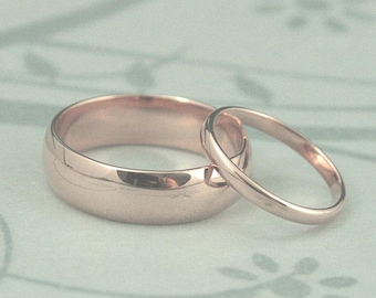 Perfect Pair Solid 14K Gold Wedding Ring Set YOUR Choice of Rose, Yellow or White Gold 6mm and 2mm wide Handmade Wedding Band Set Classic