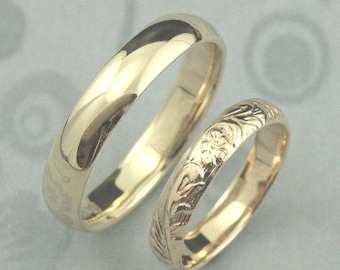 Yellow Gold Wedding Band Set--Comfort Fit Band and Floral Band--Solid Gold His and Hers Bands--14K Gold Wedding Rings Classic Girl Farmhouse