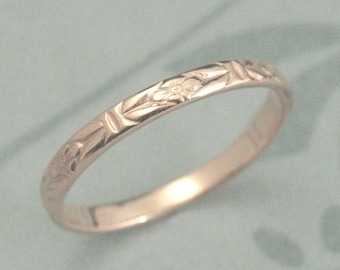 14K Rose Gold Romance in the Garden Wedding Band or Stacking Ring Solid 14K Rose Gold Floral Patterned Ring Orange Blossom Ring Vintage