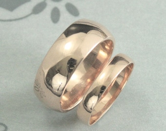 Wide Gold Wedding Band Set 8mm and 4mm Traditional His and Hers Wedding Rings Choice of Gold Color Handmade from Recycled Solid Gold Wide
