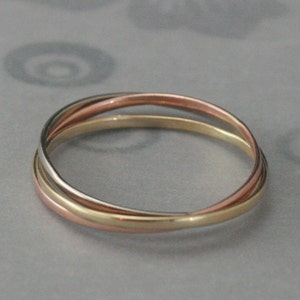 14K Super Skinny Minnie Plain Jane TriColor Rolling RingOne Each of 14K Rose, Yellow and White Gold Band image 4