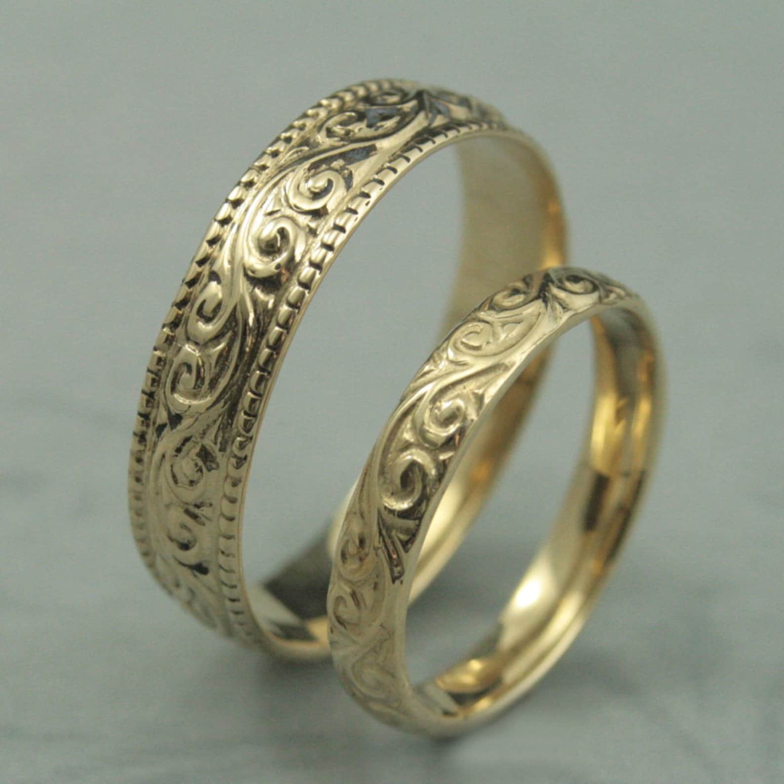 Solid 14K Yellow Gold Flourish Wide Wedding Band Set Swirl - Etsy Solid 14K Yellow Gold Flourish Wide Wedding Band Set Swirl - Etsy