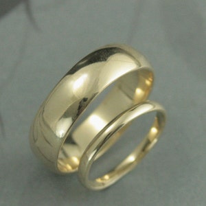 Conjunto de alianças de casamento em ouro 10K, alianças de ouro maciço para ele e para ela, alianças de casamento tradicionais arredondadas de 6 mm e 2 mm, conjunto de alianças de casamento feitas à mão
