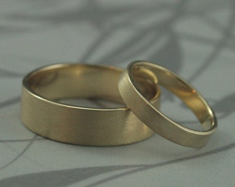 Solid 14K Gold Modern Wedding Band Set--5mm & 3mm Straight and Narrow Wedding Bands--His and Hers Wedding Ring Set-Your Choice of Gold Color