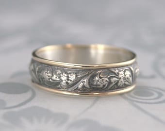 Two Tone Wedding Ring Gold and Silver Wedding Band for Him or Her Bridal Bouquet Antique Style Ring Vintage Style Ring Flower Wedding Ring