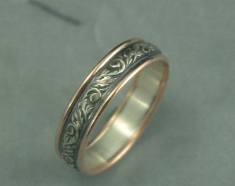 Going Baroque Touch of Gold--Two Tone Wedding Band--Bimetal Wedding Ring--Oxidized Vine and Leaf Band--Your Choice of Gold Edging Color--