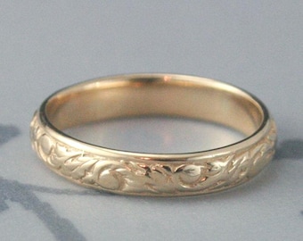 Yellow Gold Patterned Band Going Baroque Band Women's Wedding Band Swirl Design Ring Leaf Band Cast Ring Men's Wedding Band Vine Ring