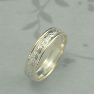 Touch of Gold Renaissance Wedding Band-Bimetal Band-Two Tone Ring-Diamond and Floral Patterned Sterling Silver Band with Solid Gold Edges