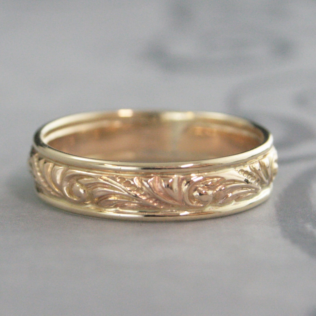 Solid Gold Florence Flourish Wedding Band Gold 5mm Wide Comfort Fit