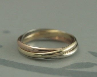 Tri Color Rolling Ring Massiv 14K Gelbgold, Weißgold und Roségold Hochzeit Band Gold Intertwined Band Damen Ehering 2mm