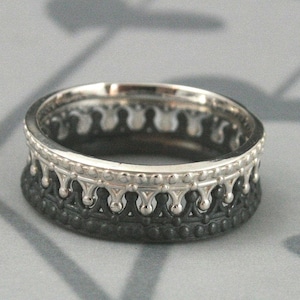 Black and Sterling Silver Crown Band SET--Check Mate--Crown Ring--Queen and King Wedding Band Set