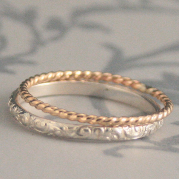 Rococo Royalty Stacking Set Thin Sterling Silver Swirl Patterned Stack Ring Thin Gold Twist Ring Stacking Rings Silver and Gold Bands