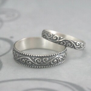 Anillos de estilo vintage, conjunto de boda Flourish, alianzas de plata, anillo de boda para hombre, alianza de boda para mujer, anillos de promesa para él y para ella, plata. imagen 4