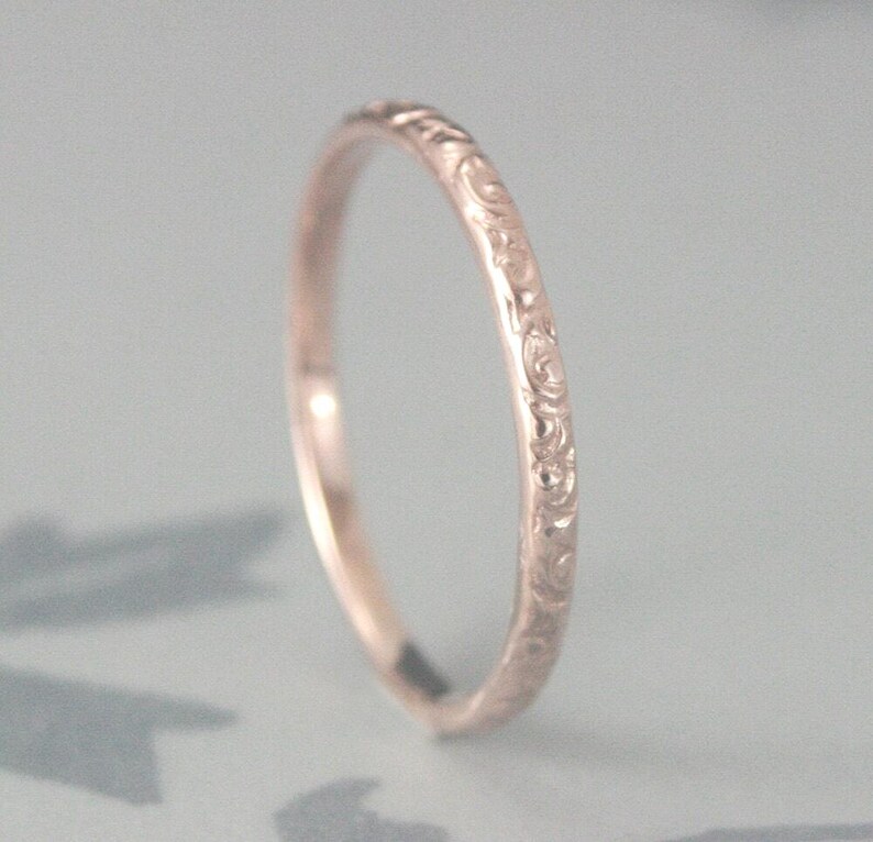 Thin Rose Gold Wedding Ring 14K Rose Gold Rococo in the Disco Wedding Band Solid 14K Gold Swirl Patterned Ring Custom Made in YOUR Size image 4