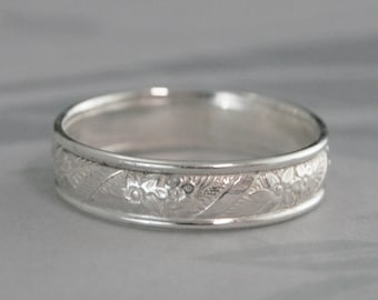 Wide Silver Ring Spring Flowers Edged Band Sterling Silver Men's Ring Women's Wedding Band Floral Patterned Ring Handmade Wedding Ring