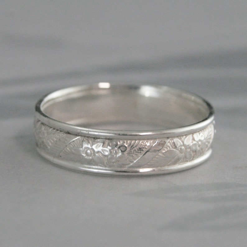 Wide Silver Ring Spring Flowers Edged Band Sterling Silver Men's Ring Women's Wedding Band Floral Patterned Ring Handmade Wedding Ring image 1