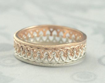 Pretty in Pink Princess Crown Ring Stacking Set Solid 14K Rose Gold Crown Ring Interlocking Ring Set Unique Wedding Band Sweet Sixteen Gift