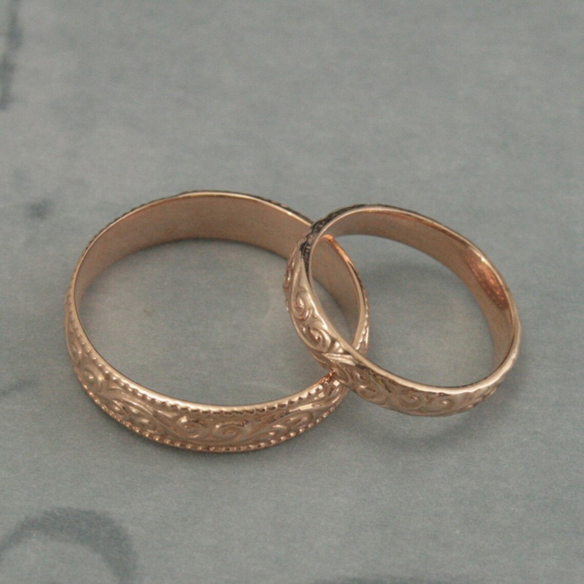 Antique Style Wedding Rings Flourish Wide Wedding Set 14K Rose Etsy