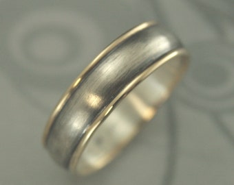 Two Tone Ring 14K Gold and Sterling Silver Handmade Wedding Band for Him or Her 6mm Wide Comfort Fit Touch of Gold Ring Unique Wedding Ring