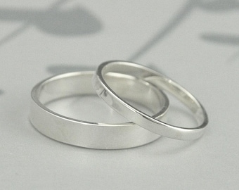 ストレートで細身のバンド、ソリッドスターリングシルバー、フラットエッジの結婚指輪セット、モダンなペアリング、ニッケルフリーリング