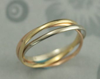 18K Tricolor Rolling Ring Gold Roller Band Solid 18K Gold Unique Wedding Ring Triple Ring Interlocking Ring