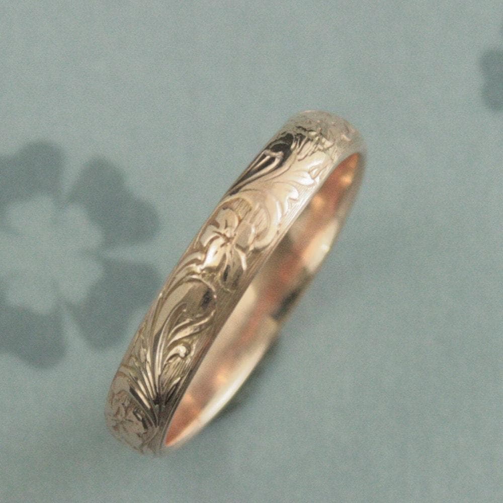 Rose Gold Wedding Band--Solid 14K Rose Gold Neoclassic Band--Floral Patterned Band--Antique Style Band--Vintage Style Band--Flower Ring
