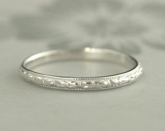 14K White Gold Band~White Gold Ring~Women's Wedding Band~Women's Wedding Ring~Vintage Style Ring~Thin Renaissance~Hand Cast Ring~Cast Band