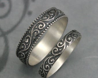 Vintage Style Rings Wedding Set Flourish Set Silver Wedding Bands Mens Wedding Ring Womens Wedding Band His and Hers Promise Rings Silver