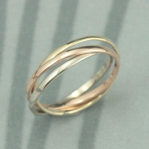 Tricolor Rolling Ring 1.5mm by .75mm Half Round Bands Solid 14K Gold Triple Ring Interlocking Bands Mixed Metal Rings Stacking Bands Thin