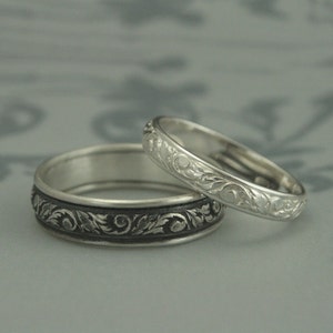 Silver Wedding Band Set--His and Hers Leaf Patterned Rings--Silver Wedding Ring Set--Leaf and Swirl Design Bands--Going Baroque Bands