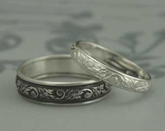 Conjunto de alianzas de boda de plata--Anillos estampados de hojas para él y para ella--Conjunto de anillos de bodas de plata--Bandas de diseño de hojas y remolinos--Bandas barrocas