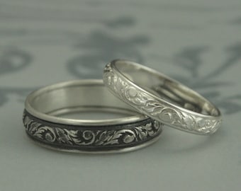 Silver Wedding Band Set--His and Hers Leaf Patterned Rings--Silver Wedding Ring Set--Leaf and Swirl Design Bands--Going Baroque Bands