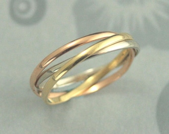 18K Tricolor Rolling Ring Gold Roller Band Solid 18K Gold Unique Wedding Ring Triple Interlocking Ring Gold Fidget Ring Multi Color Ring