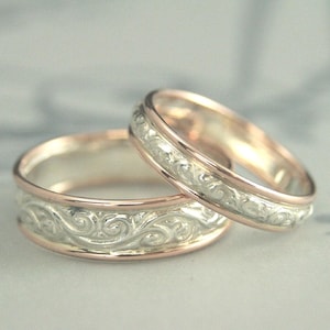 Two Tone Wedding Set His Hers Two Tone Rings Women’s Wedding Bands Mens Wedding Rings Couple’s Bands Gold Edged Rings Two Tone Pattern Bands