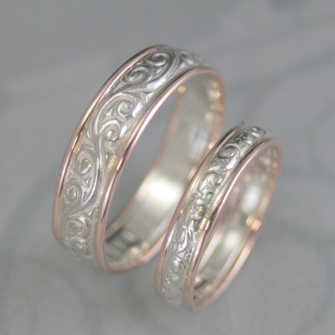 Buy Two Tone Wedding Band Set Flourish Wedding Ring Set for Him and Her  Silver and Gold Rings Antique Style Bands Vintage Style Rings Swirl Band